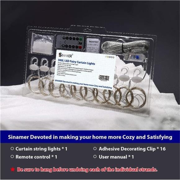 White Curtain Light Bedroom, 300 LED 9.8ftx9.8ft Curtain String Light w Remote - Picture 6 of 6